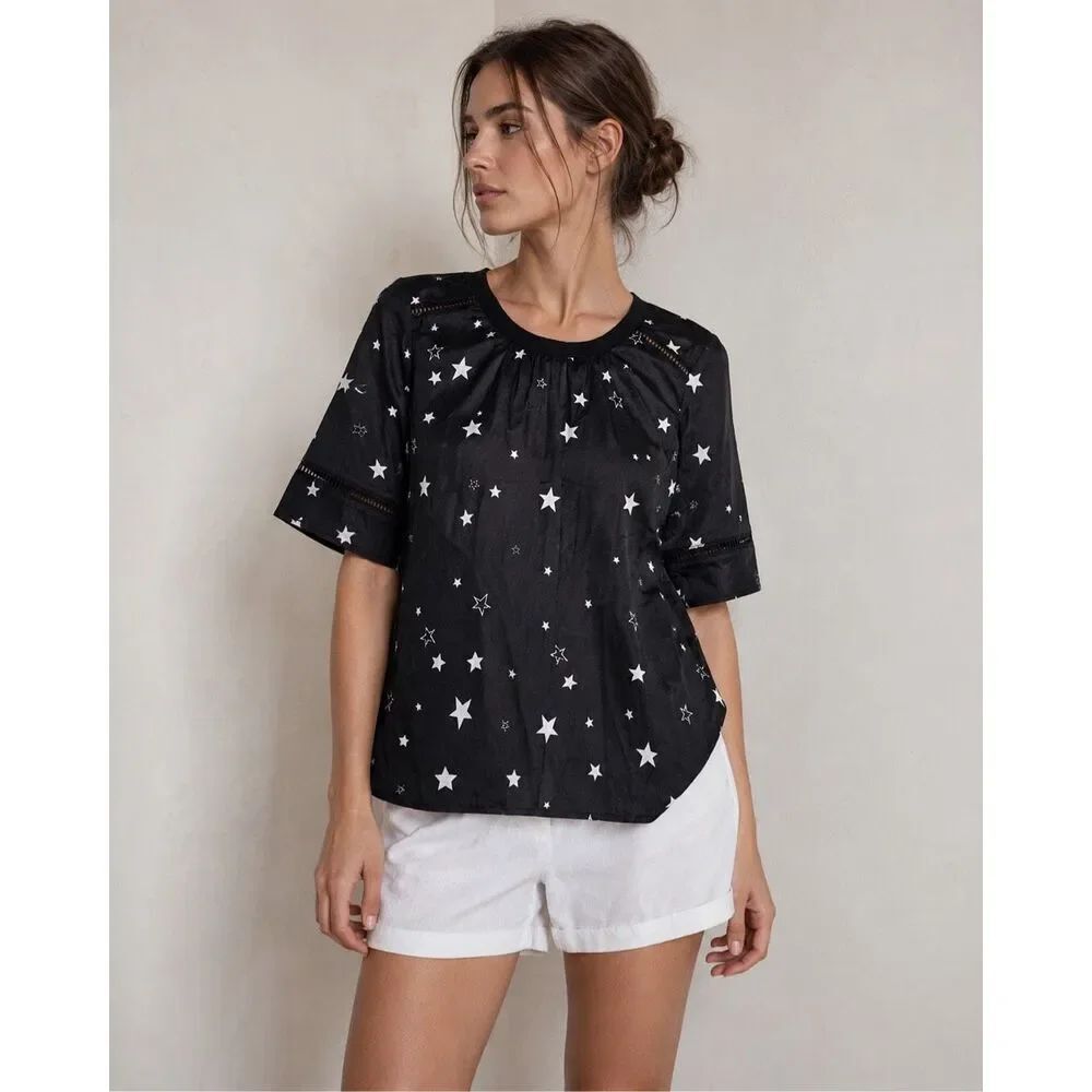 Zebra Black White Star Print Satin Blouse Ladder Trim Top Size S